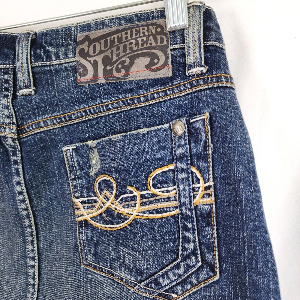 Southern Thread Denim Mini‎ Skirt Blue Distressed Womens Size 26 Western Cowgirl - Picture 6 of 16
